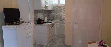 Fridge, microwave, oven, toaster