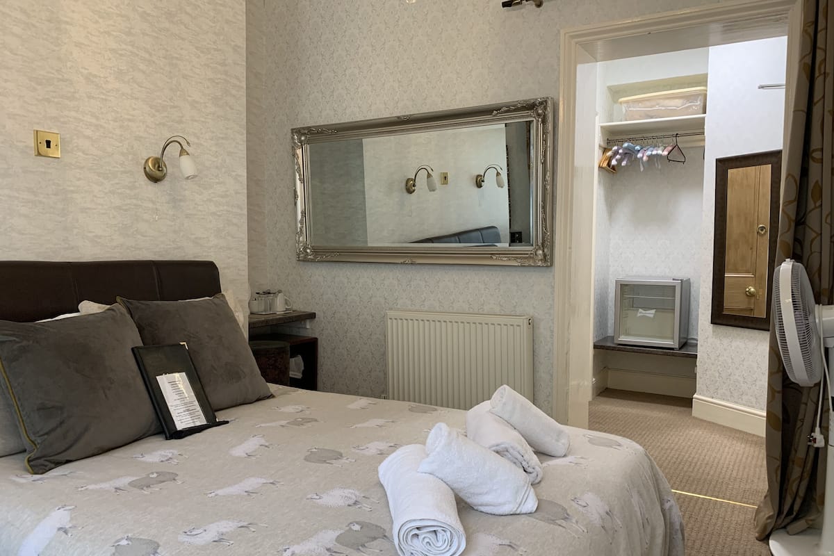 A hotel room with a large bed, a mirror, a radiator, a wardrobe, and a fan.