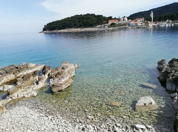 Enjoy the serene coastal views of a rocky shoreline with clear waters and a picturesque village in the distance.