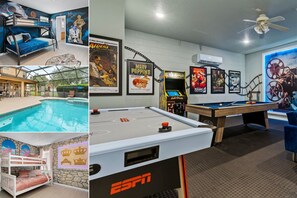 A room with bunk beds, a pool, a foosball table, and a billiards table.