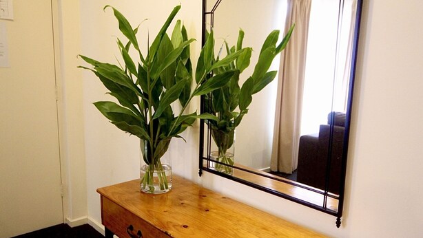 A wooden dresser with a mirror above it, a vase with green plants on the dresser, and a door to the left. - Prime Location | North Adelaide 2BR Apt, Melbourne St | Courtyard |Near CBD Events + Private Parking (North Adelaide)