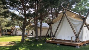 A campsite with tents and a picnic table.