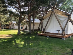 A campsite with tents and a picnic table.
