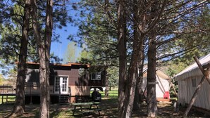 A rustic cabin with a picnic table and a tent in a wooded area.