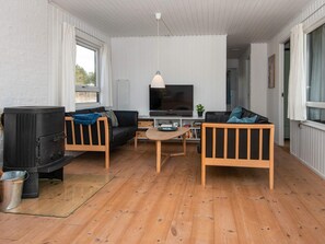 En hyggelig stue med pejs, sofa og fjernsyn.