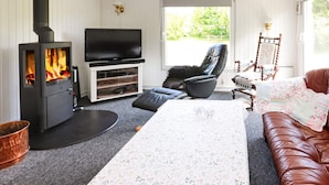 Un salon chaleureux avec un poêle à bois, un téléviseur à écran plat, un confortable canapé en cuir et une grande fenêtre donnant sur un paysage verdoyant.