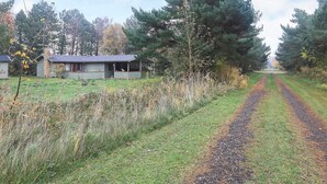 Um ambiente rural com uma casa, um caminho de cascalho e vegetação ao redor.