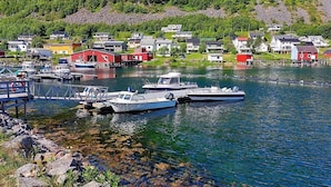 A coastal village with boats docked at a pier, surrounded by houses and greenery.
