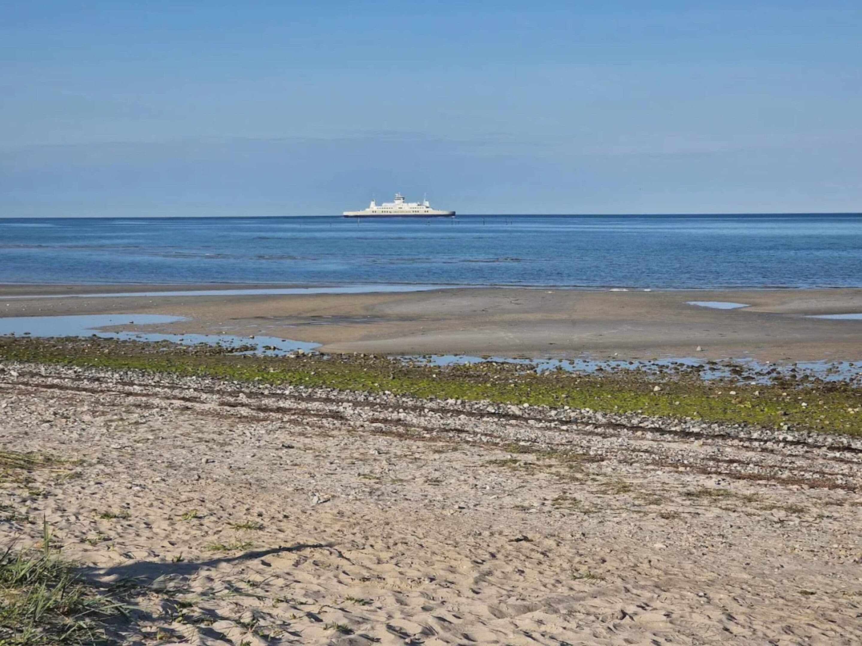 Een strand met een schip in de verte.