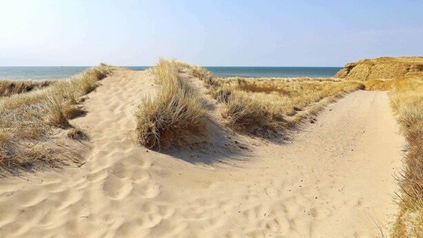 A sandy beach path with dunes and a clear view of the sea. - 6 Person Holiday Home in Lemvig (Lemvig)