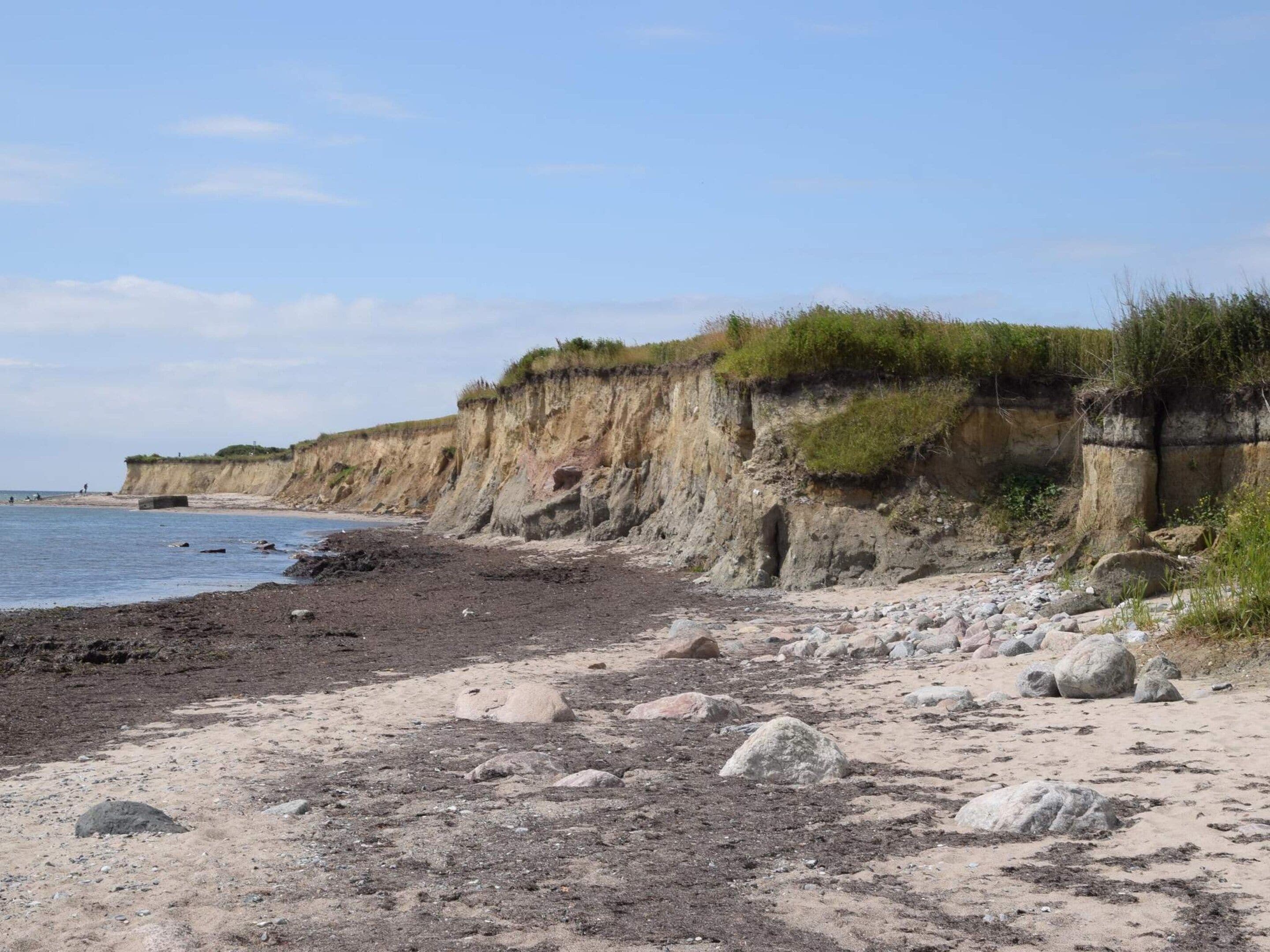 Une plage côtière avec un rivage rocheux, une falaise couverte de végétation et un ciel dégagé.