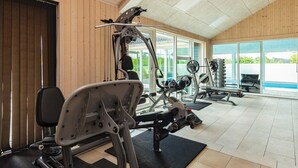 A gym with various exercise machines, large windows, and a wooden interior. - 5 Star Holiday Home in Hojslev (Hojslev)