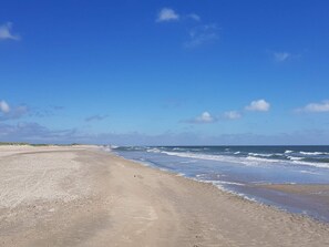 Une plage avec un ciel dégagé et des vagues.