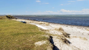 Un paisaje costero con una zona cubierta de hierba, una playa de arena y una vista despejada del mar.