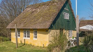 A traditional thatched-roof house with a green exterior and white windows, surrounded by a grassy area and trees. - Traditional Holiday Home in Jutland near Sea (Fano)
