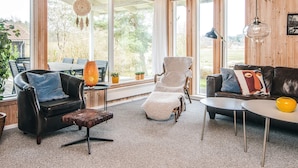 Un salón acogedor con techo de madera, ventanas amplias, chimenea y vistas al exterior.