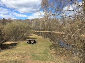 Una mesa de picnic en un entorno natural, con un cuerpo de agua y árboles al fondo.