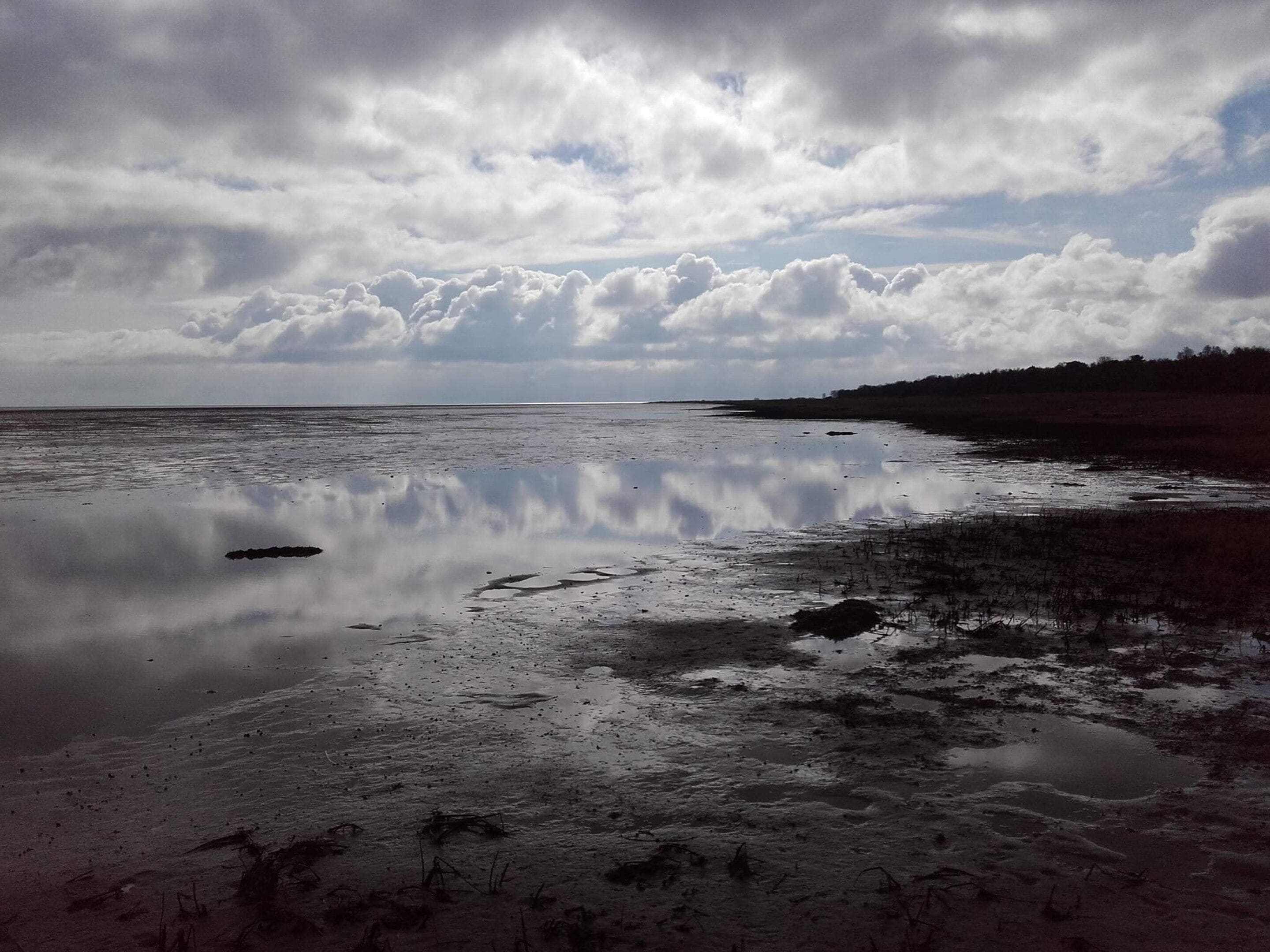Eine Küstenlandschaft mit ruhigem Gewässer, das Wolken reflektiert, einer flachen Horizontlinie und einem fernen Ufer.