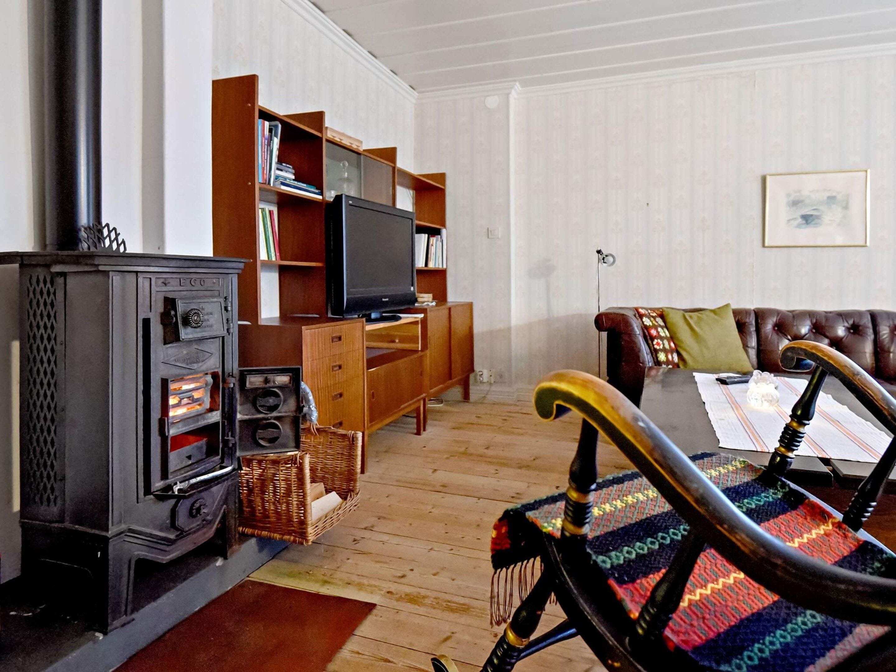 A living room with a fireplace, television, wooden bookshelf, leather sofa, and a patterned rug.
