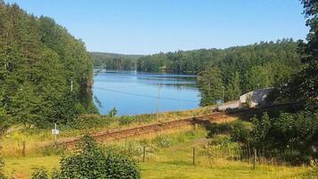 A lake surrounded by dense forest, with a railway track running parallel to the water.