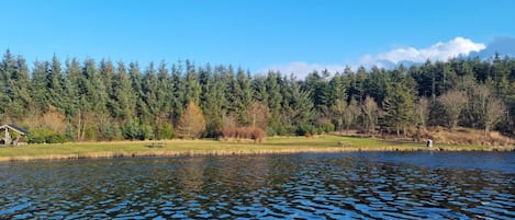 A calm lake with a picnic area and a gazebo in the foreground.