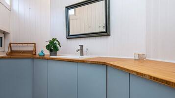 A kitchen with a wooden countertop, a sink, a mirror, and a potted plant.