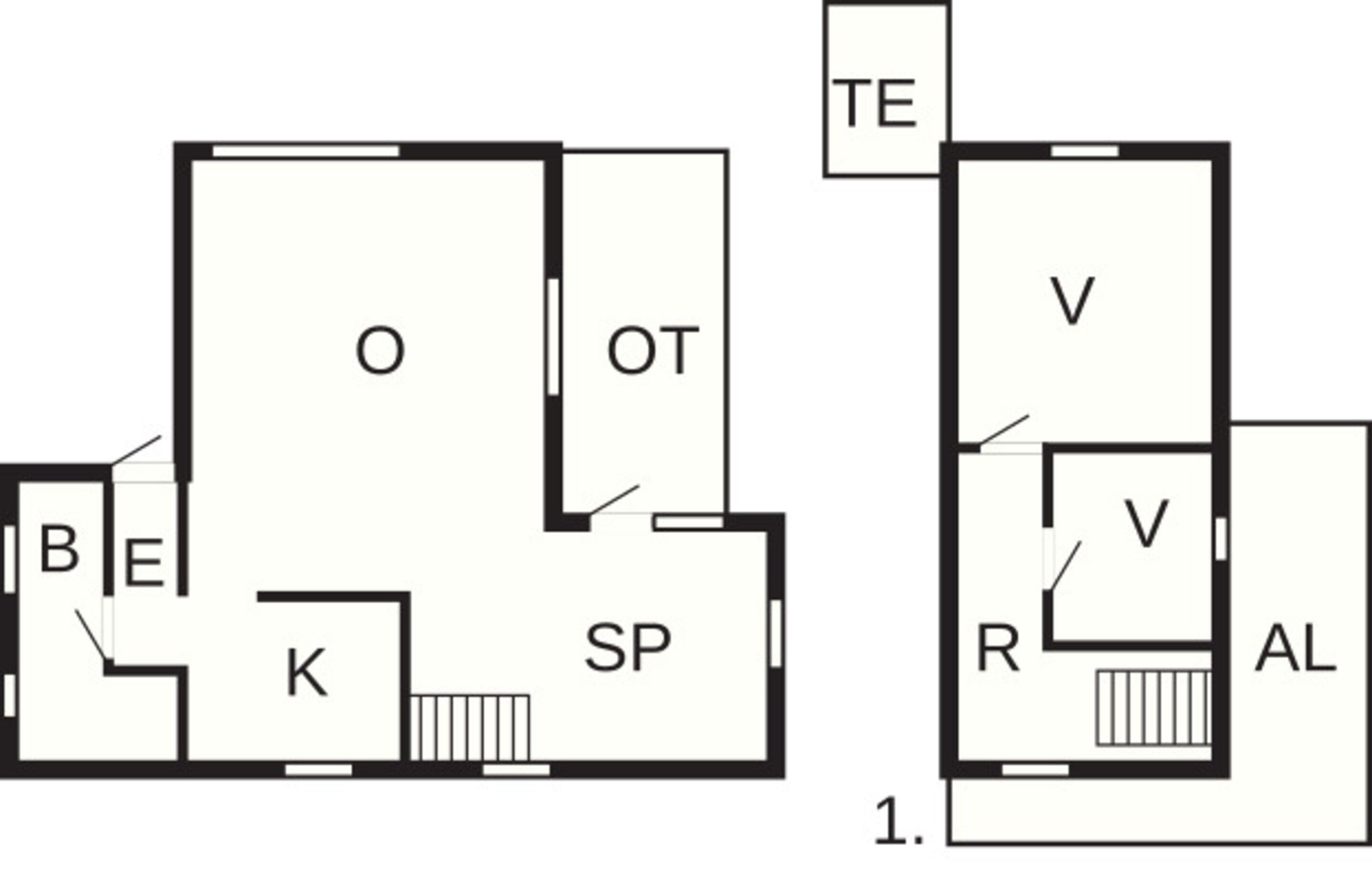 Plano de planta con habitaciones identificadas: O, OT, SP, K, R, AL, V, B, E y TE.