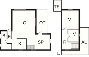A floor plan with labeled rooms: O, OT, SP, K, R, AL, V, B, E, and TE. - 4 Person Holiday Home in Hadsund (Hadsund)