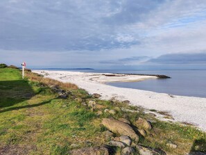 A coastal landscape with a pebble beach, grassy areas, and a signpost.