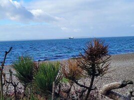 Un paisaje costero con una playa de guijarros, vegetación escasa y un barco a lo lejos en el agua.