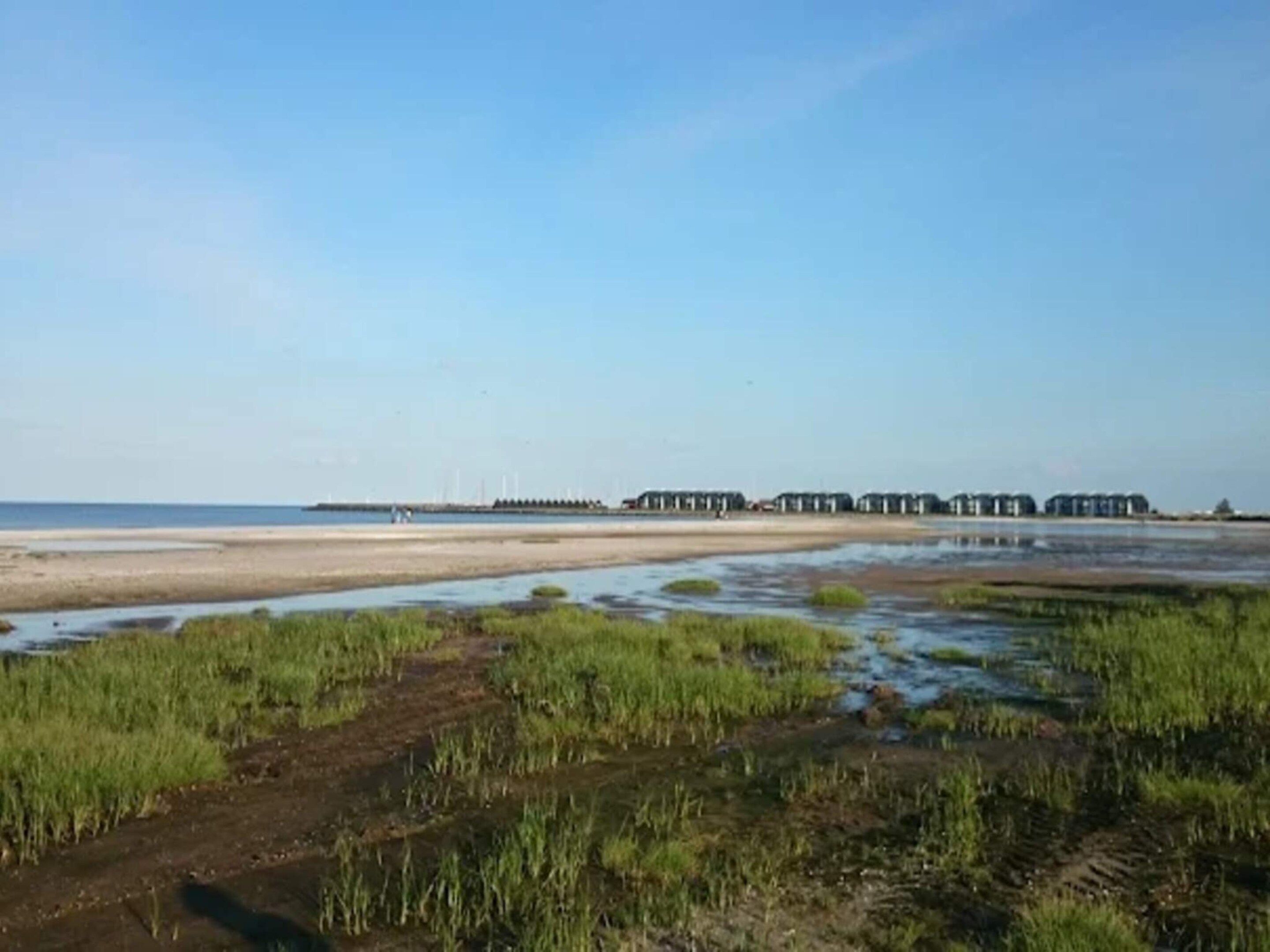Un paysage côtier avec une plage, des canaux et une série de bâtiments visibles au loin.