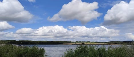 A lake with a clear sky and clouds, surrounded by vegetation.