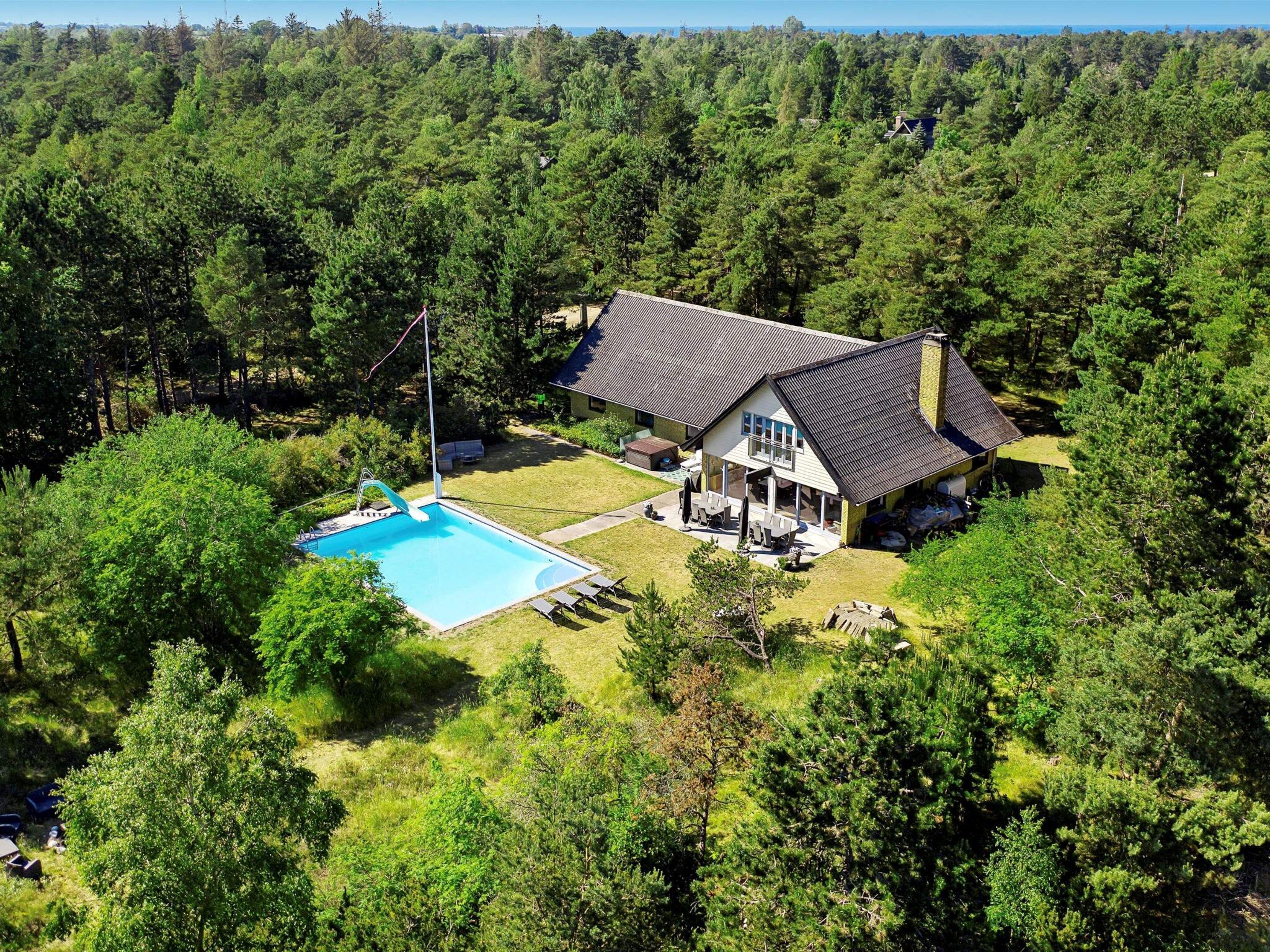 A house with a swimming pool surrounded by dense forest.