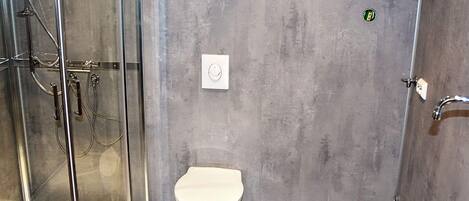 A bathroom with a glass-enclosed shower, a white toilet, and a stainless steel sink.