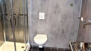A bathroom with a glass shower enclosure, a white toilet, and a stainless steel sink. - 4 Star Holiday Home in Vatne (Ålesund)