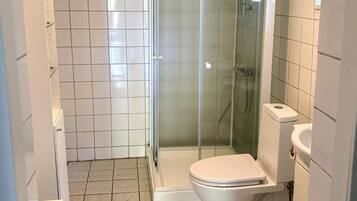 A bathroom with a glass shower enclosure, a toilet, and a sink.