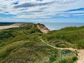 A coastal landscape with a sandy beach, grassy dunes, and a clear sky. - 5 Person Holiday Home in Hjorring (Hjørring)