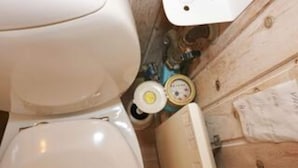 Une salle de bain équipée de toilettes, d’un meuble en bois et d’une petite étagère contenant des articles de toilette.