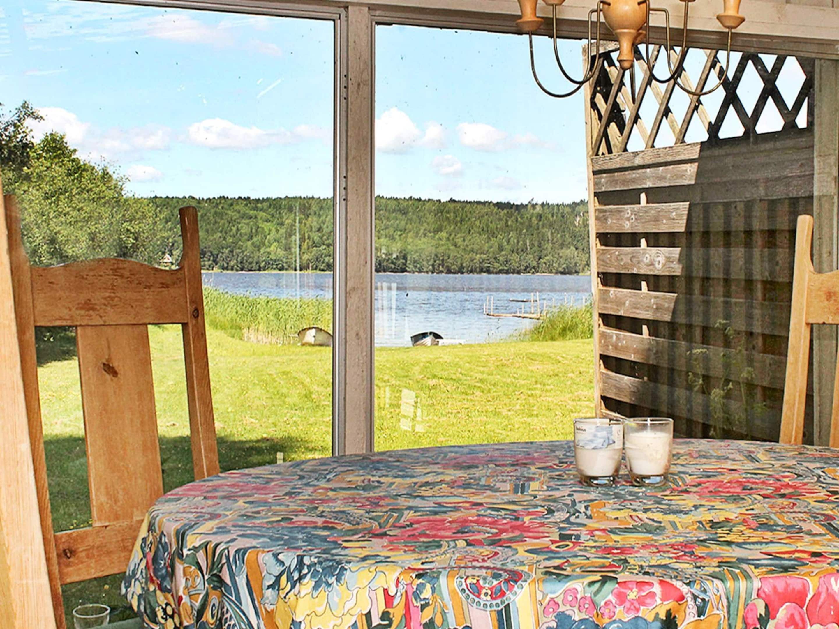 Una habitación con un amplio ventanal con vistas a un lago, una silla de madera, una mesa con mantel colorido y dos vasos de leche.