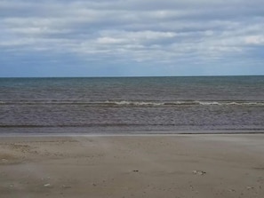 A beach with a sandy shore and a view of the ocean.