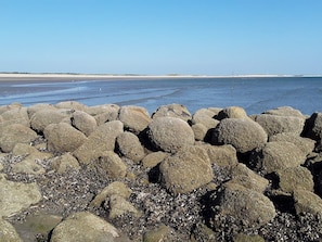 A rocky shoreline with large boulders and pebbles.