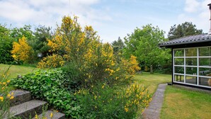 A garden with yellow flowering plants, a stone pathway, and a building with large windows. - 4 Person Holiday Home in Hojslev (Hojslev)