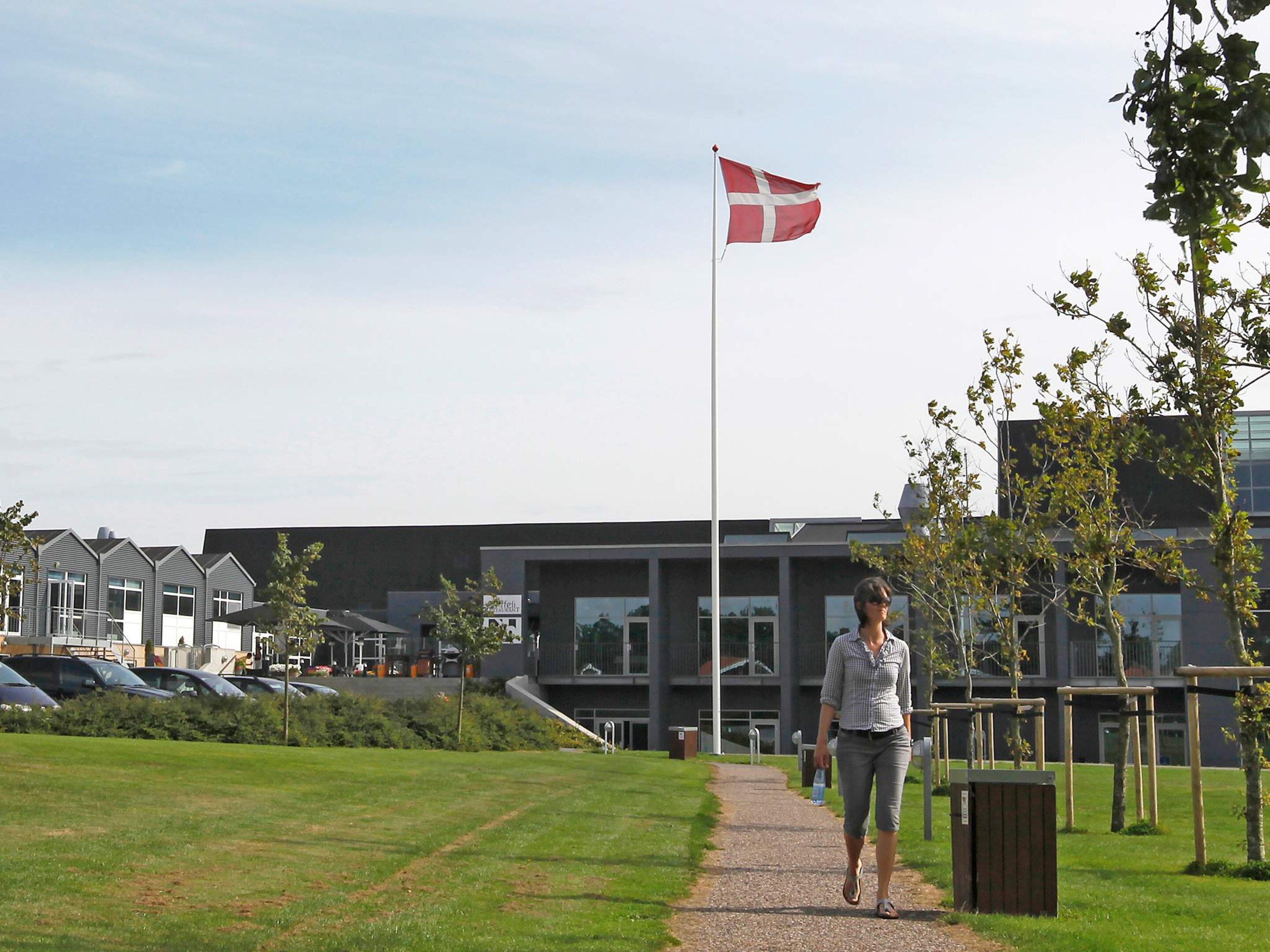 A pathway leading to a modern building with a flagpole, parked cars, and greenery.