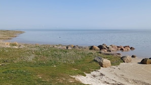 A coastal landscape with a clear sky, a sandy beach, and scattered rocks. - 5 Star Holiday Home in Hadsund (Hadsund)