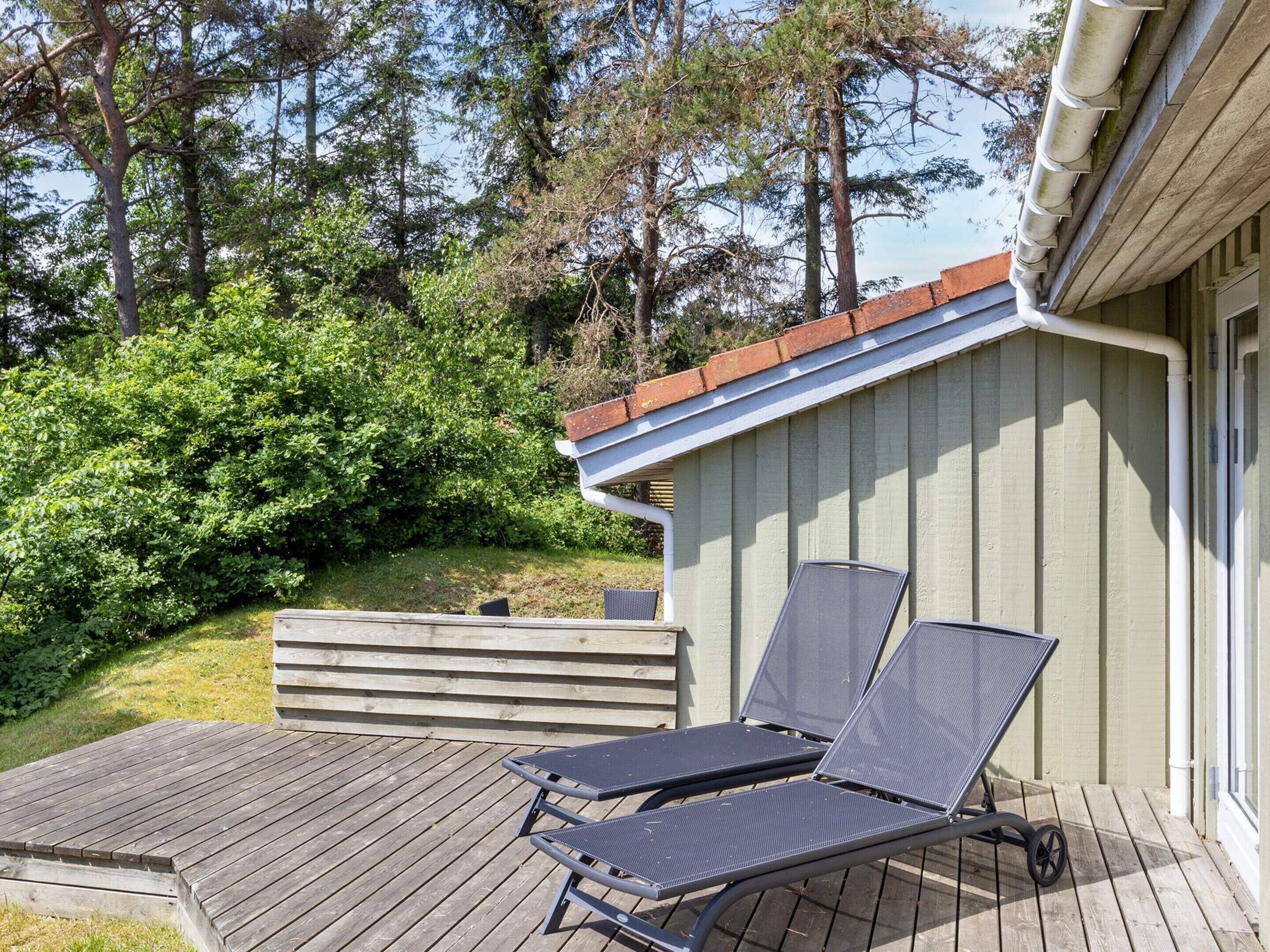 A wooden deck with two sun loungers and a small shed with a sloped roof.