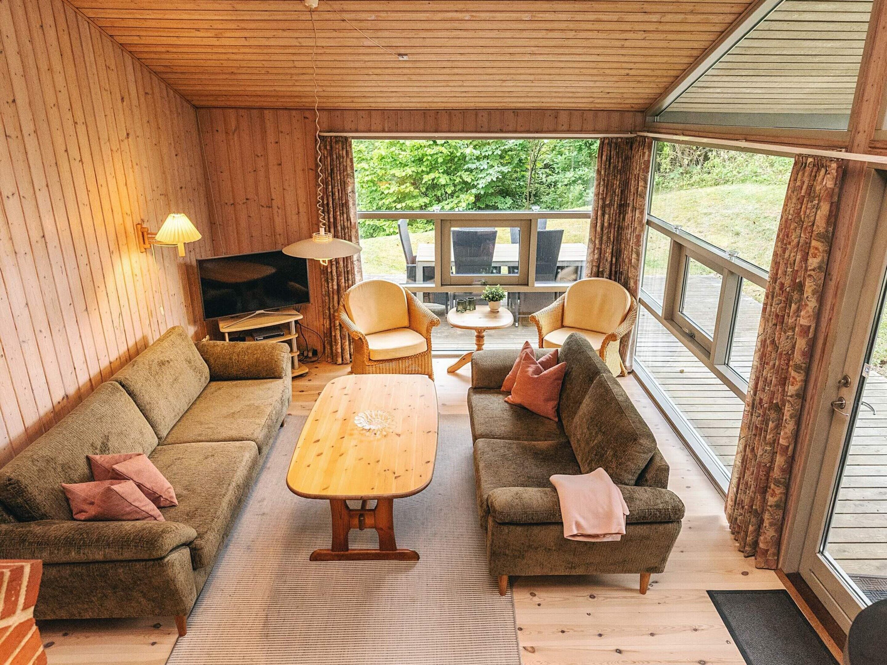 A cozy living room with a wooden interior, a television, two sofas, a coffee table, and a view of the outdoors.