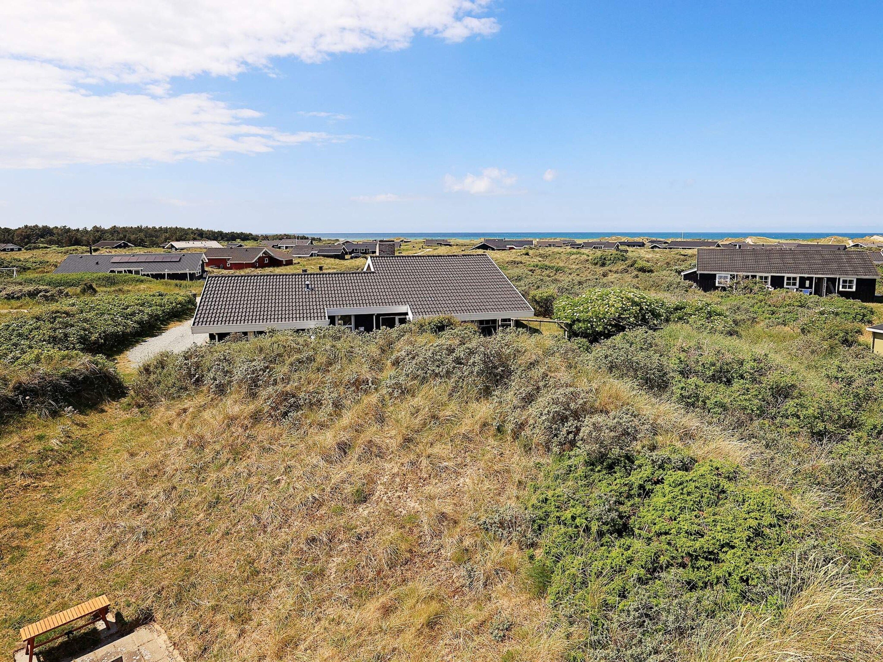 A coastal area with multiple houses, a gravel path, and a bench.