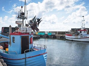 A dock with several boats, including a blue boat with a cabin and a white boat with a red stripe.