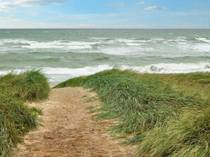 A sandy path leading to the ocean with grassy banks on either side. - 5 Person Holiday Home in Lemvig (Lemvig)