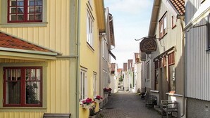 A narrow cobblestone street lined with colorful buildings, a café sign, and benches along the path. - 4 Person Holiday Home in Brastad-by Traum (Brastad)